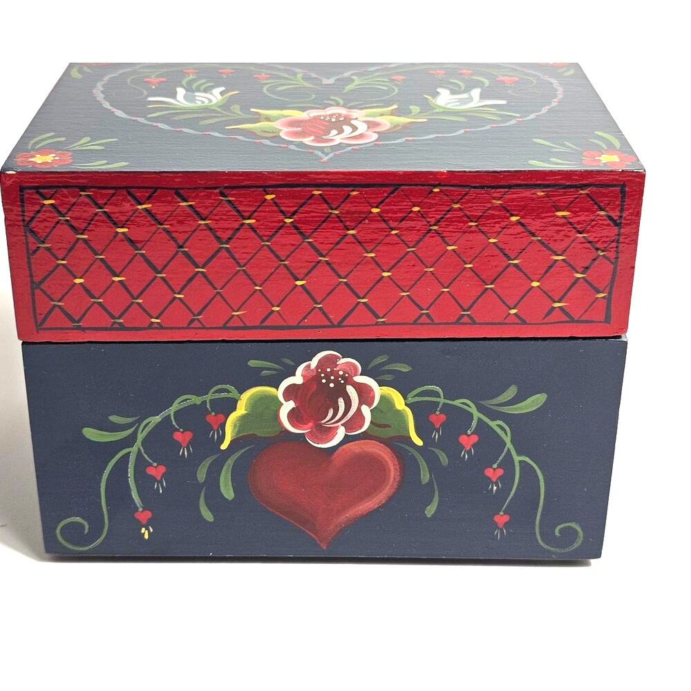 Norwegian Rosemaled Recipe Box Navy Blue Red Roses Heart Folk Art